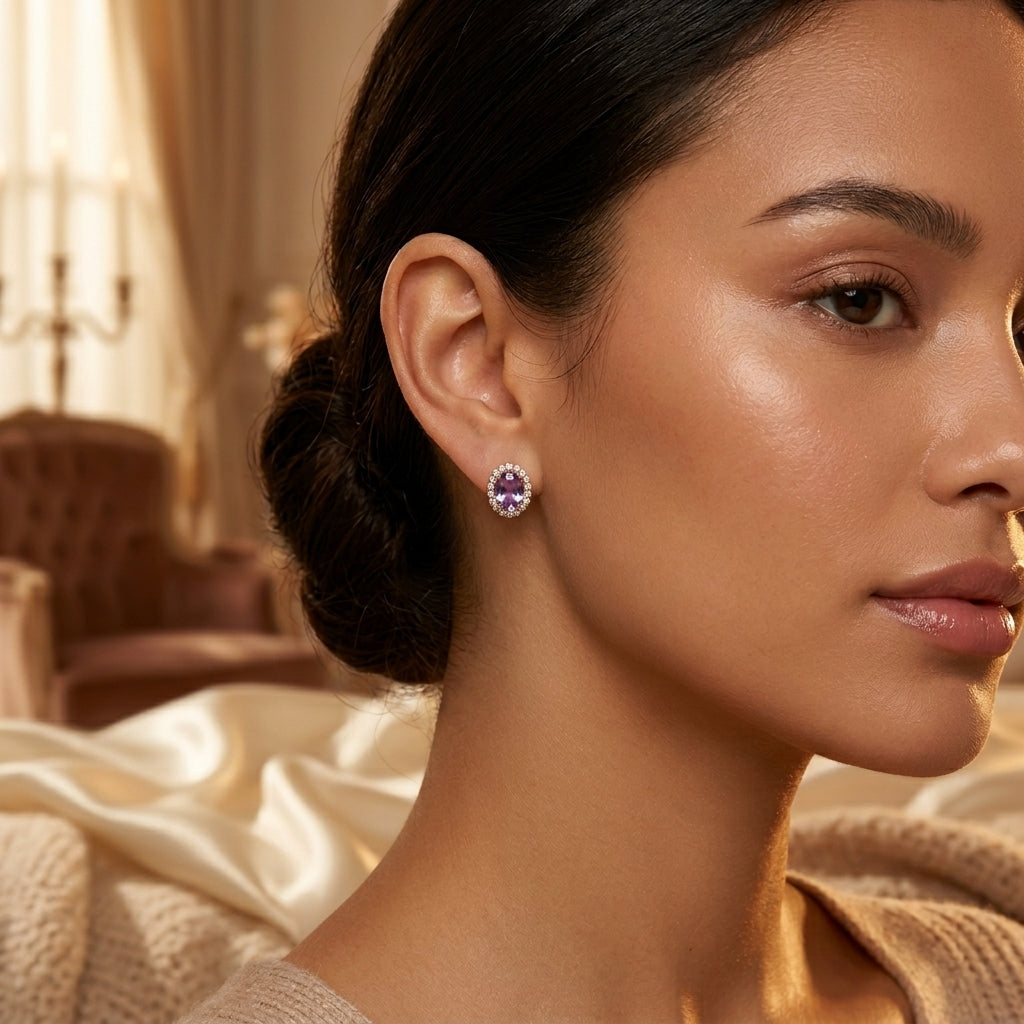 Boucles d'oreilles halo en or à améthyste