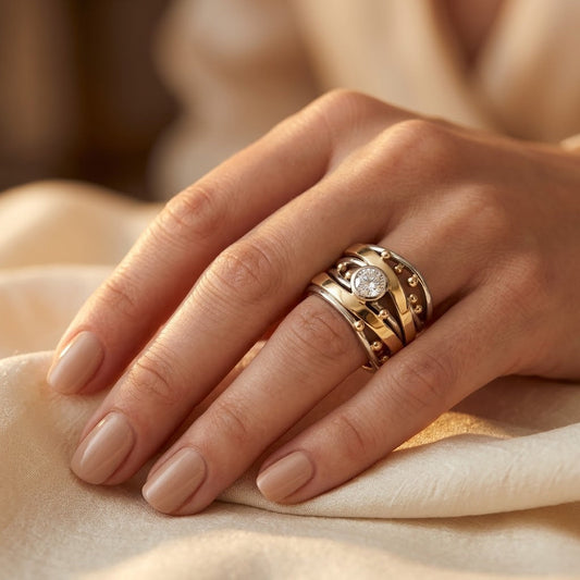 Bague enroulée serti clos en argent et or