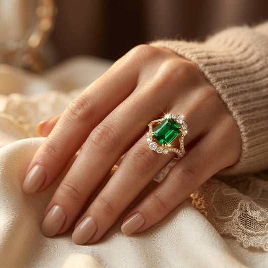 Bague halo en or à émeraude