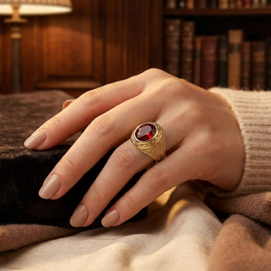 Bague gravée en or à rubis