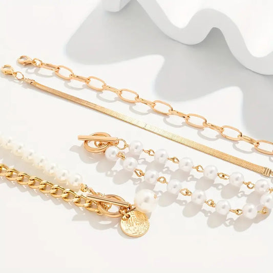 Lot chic de 4 bracelets en or – maille serpent, perles et maillons | Or