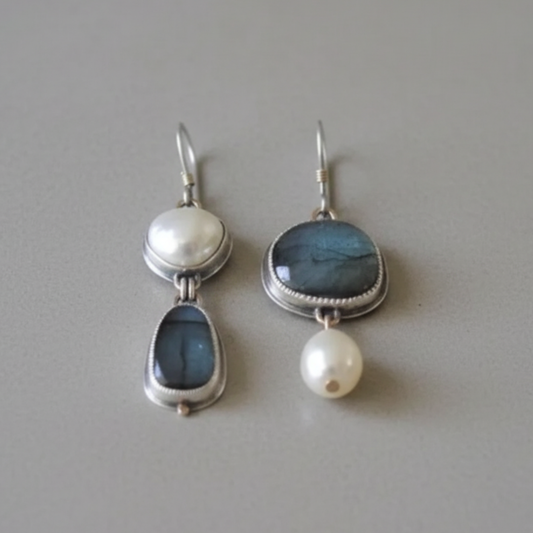 Boucles d'oreilles vintage perle et pierre bleue