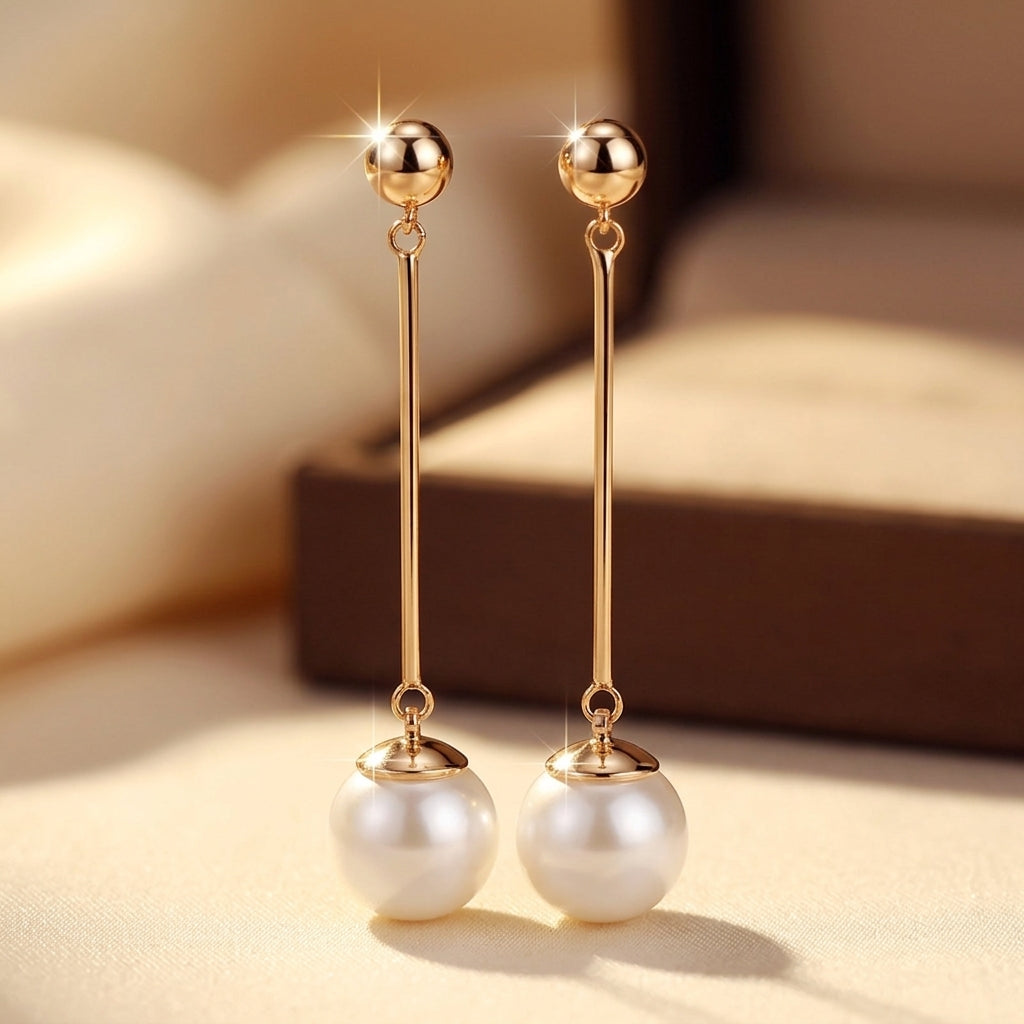 Boucles d'oreilles pendantes longues en or à perle