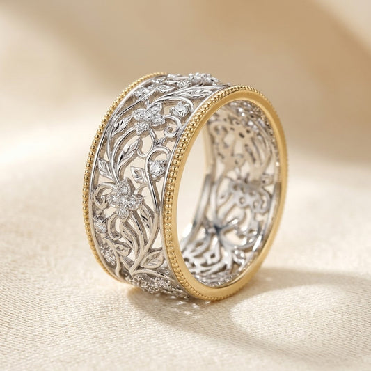 Bague anneau ouvragé en argent et or
