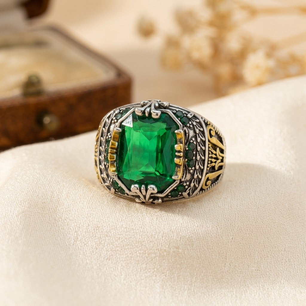 Bague vintage en argent à émeraude