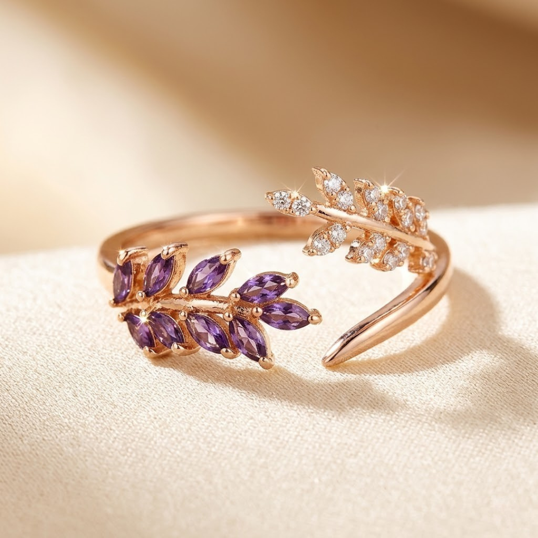 Bague feuille en or à améthyste