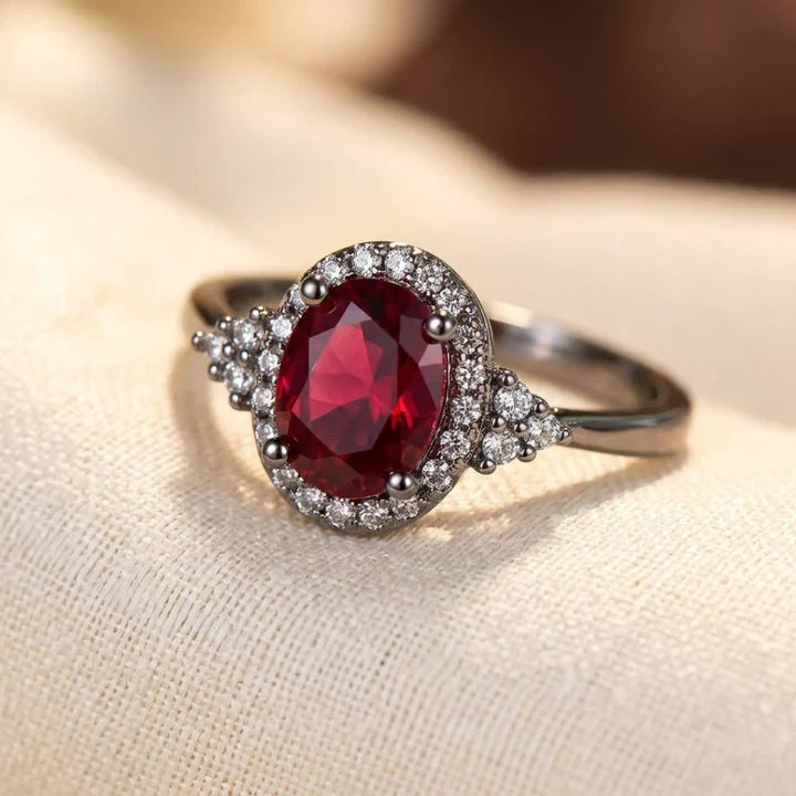 Bague halo en argent à rubis