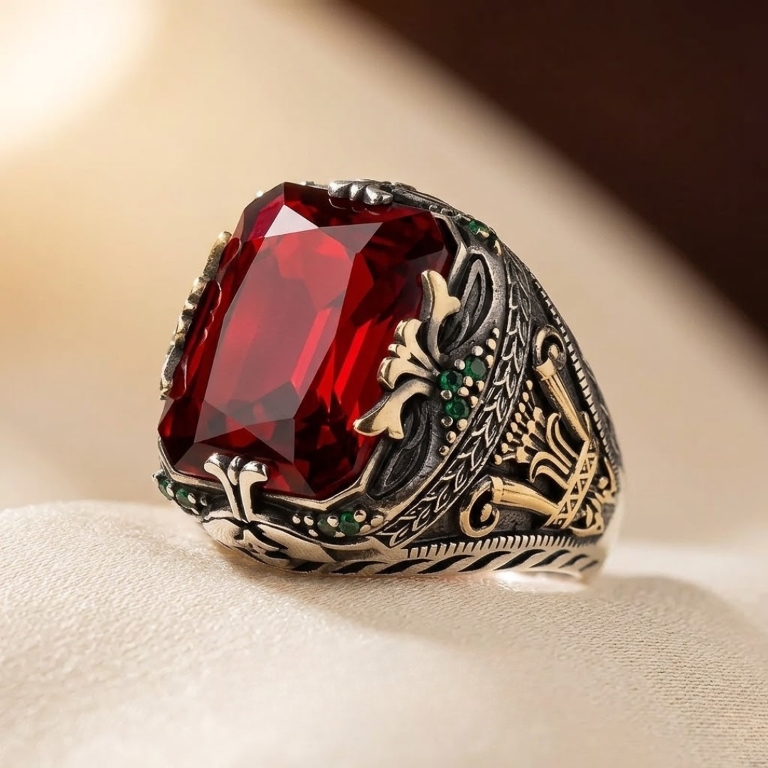 Chevalière ouvragée en argent à rubis