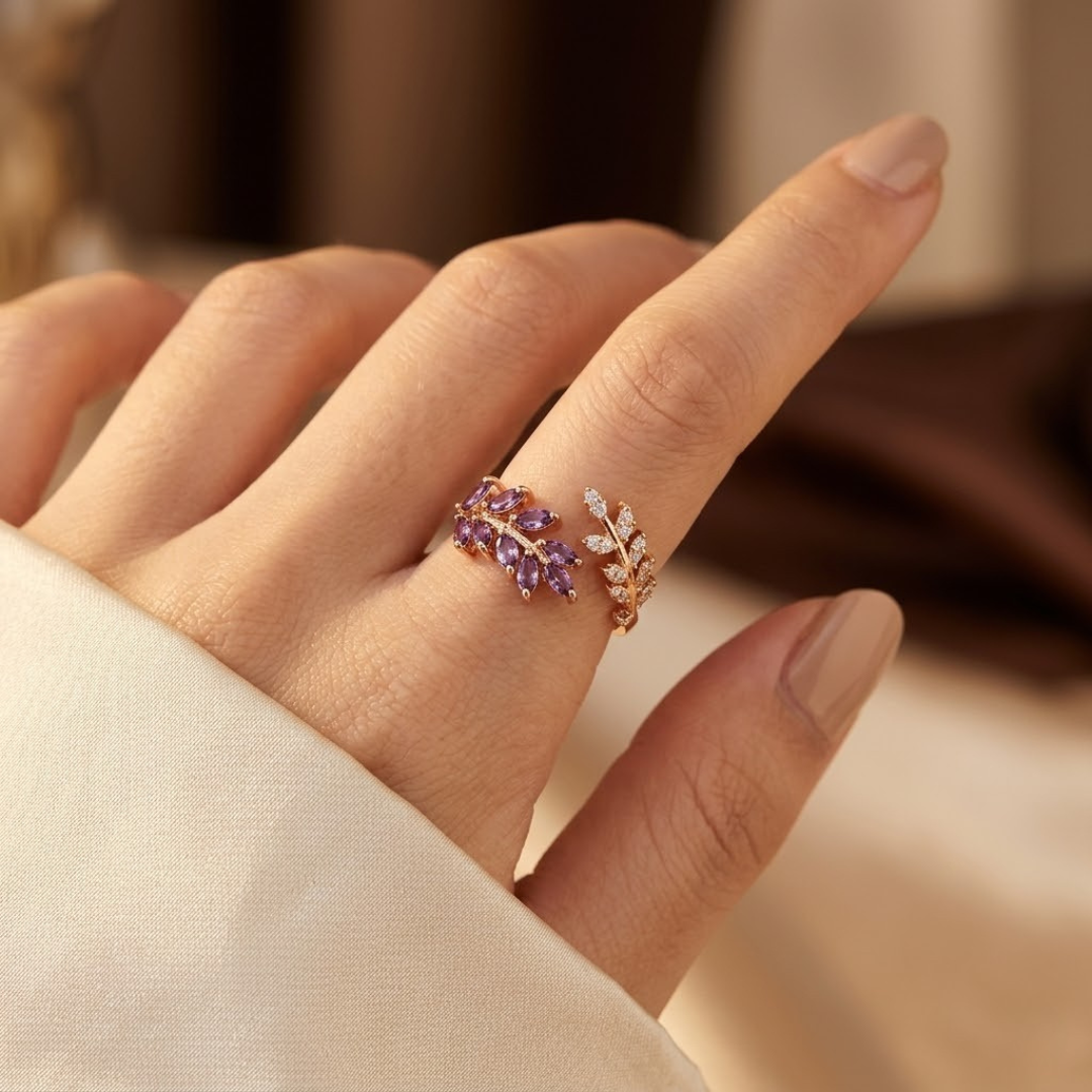 Bague feuille en or à améthyste