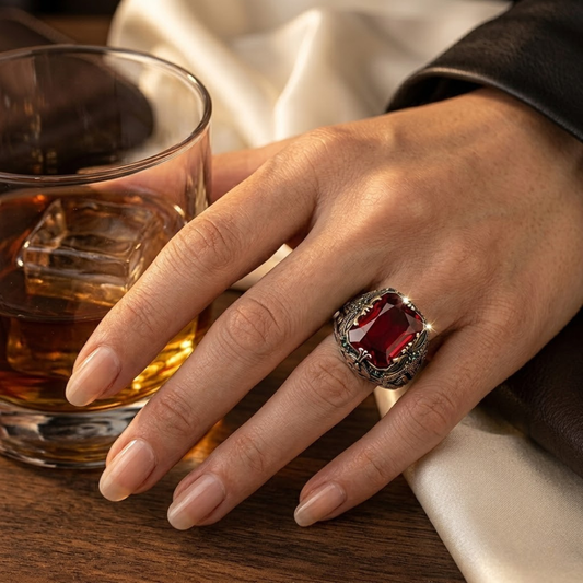 Chevalière ouvragée en argent à rubis
