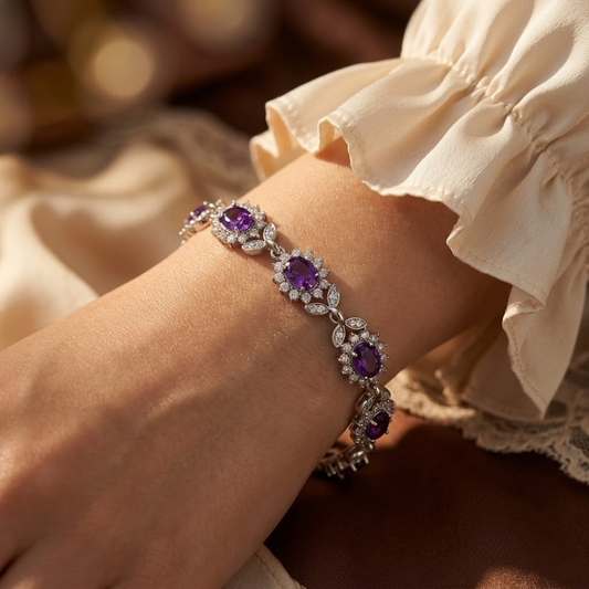Bracelet floral en argent à améthyste