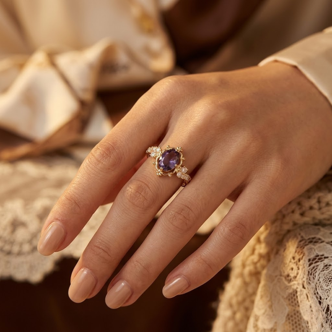 Bague taille princesse en or à améthyste