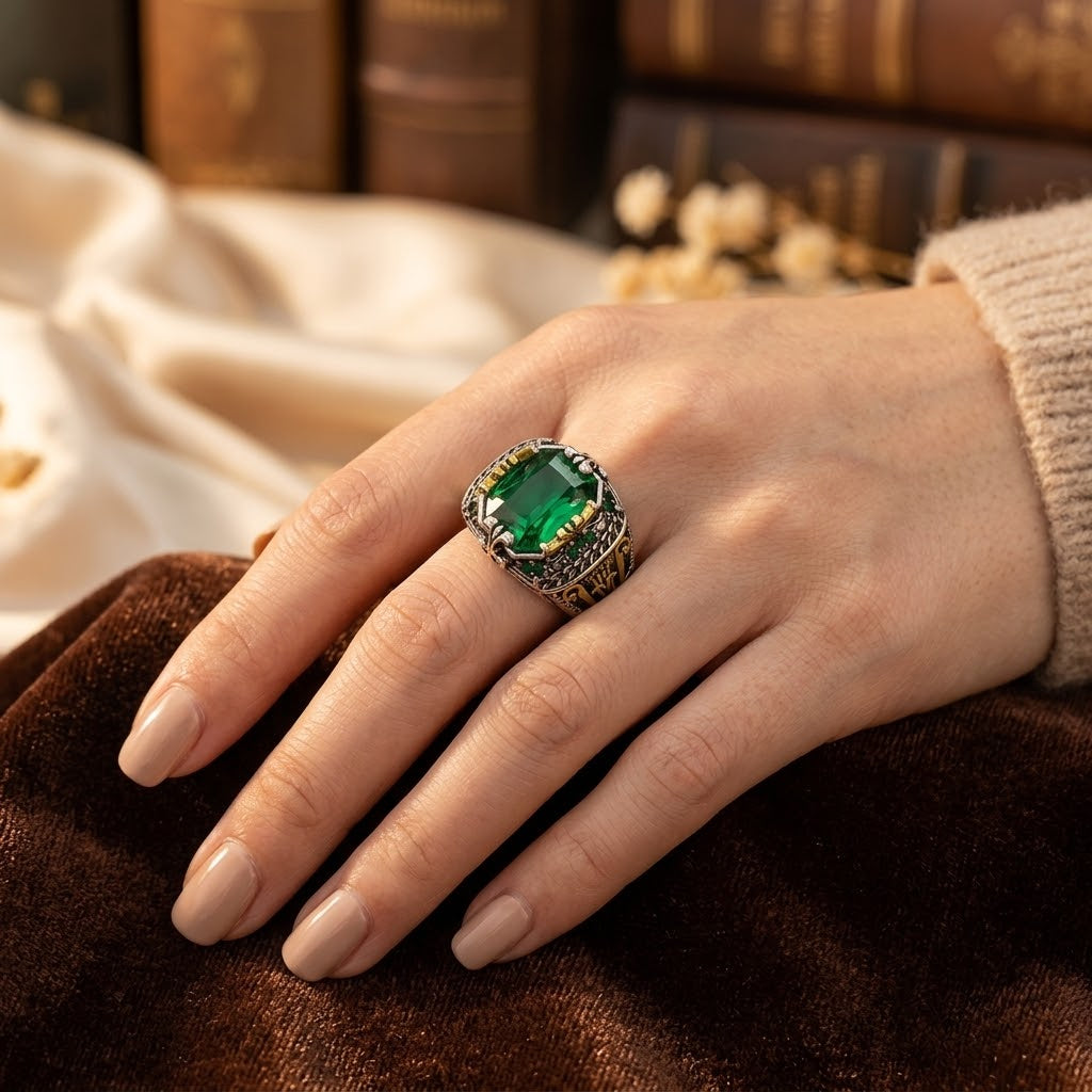 Bague vintage en argent à émeraude