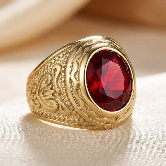 Bague gravée en or à rubis