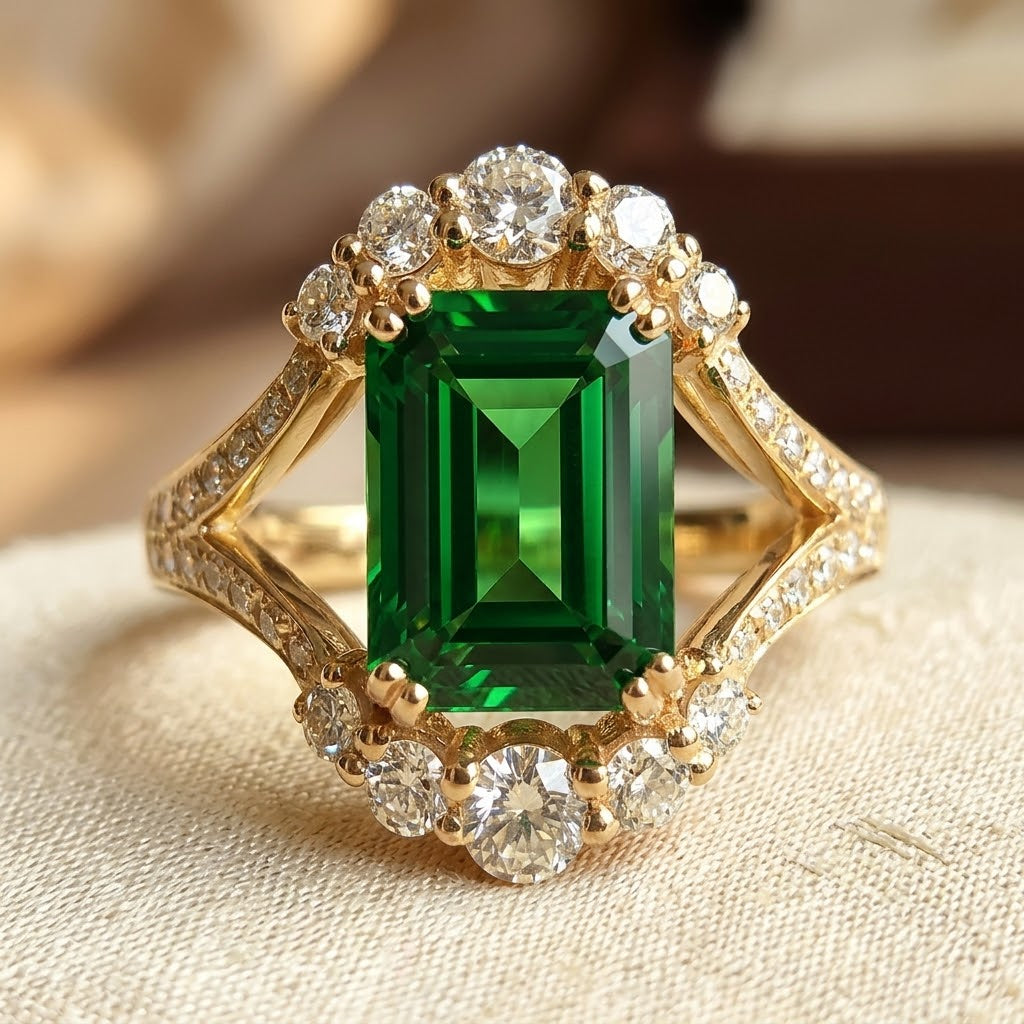 Bague halo en or à émeraude