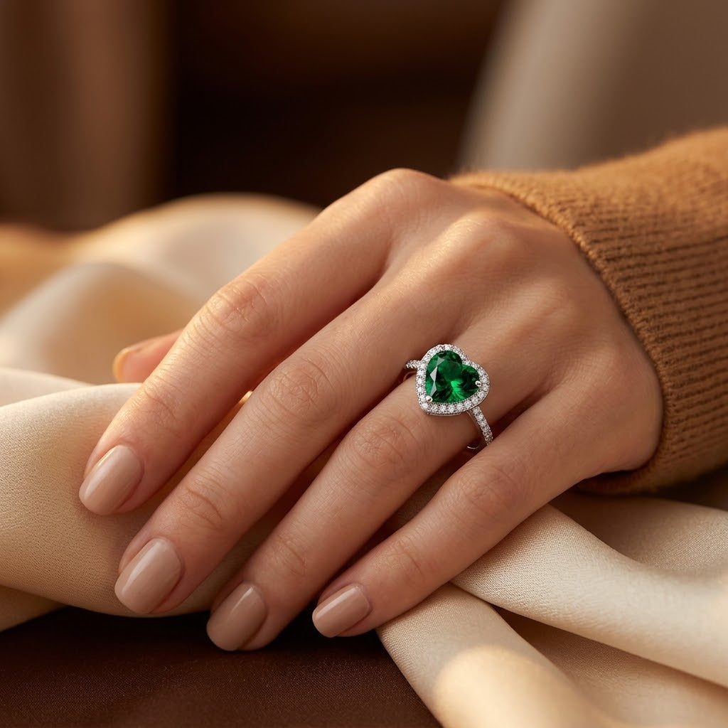 Bague halo cœur en argent à émeraude