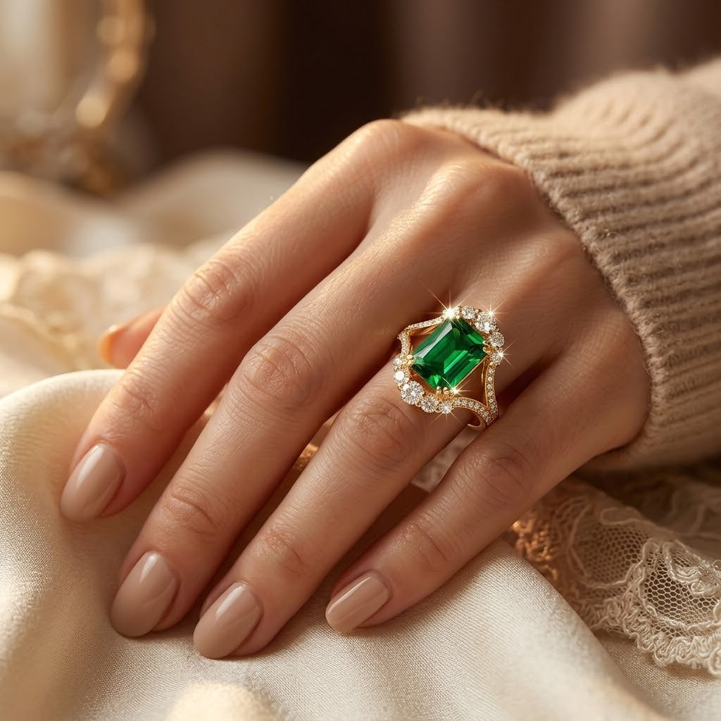 Bague halo en or à émeraude