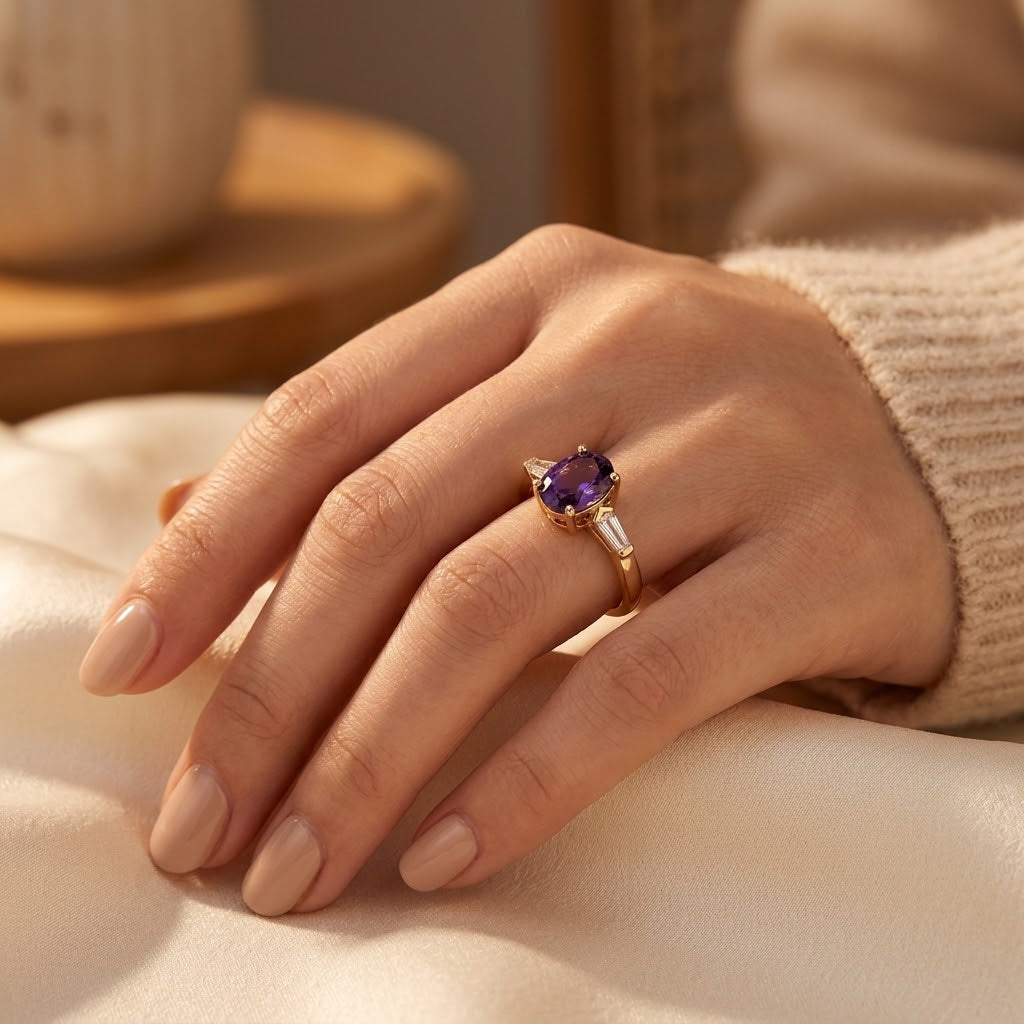 Bague trois pierres en or à améthyste
