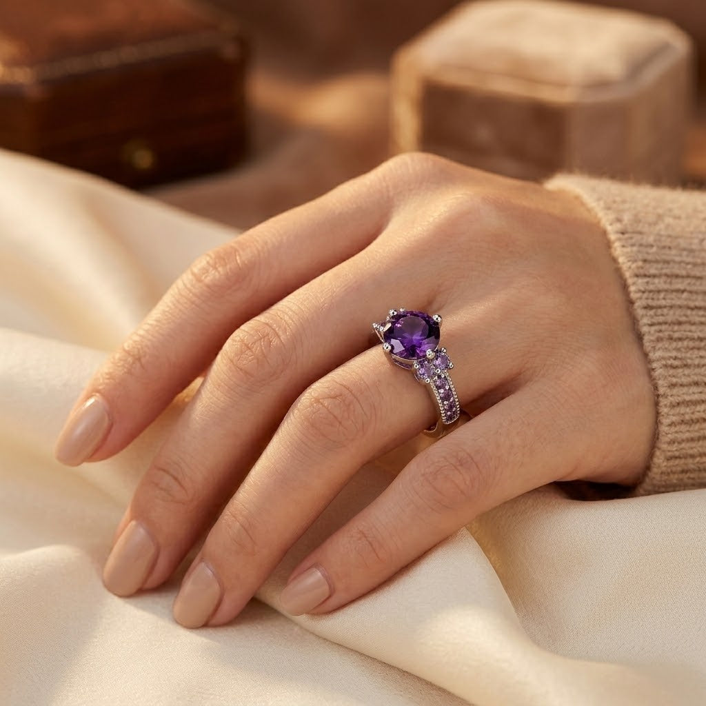 Bague à pierres latérales en argent à améthyste