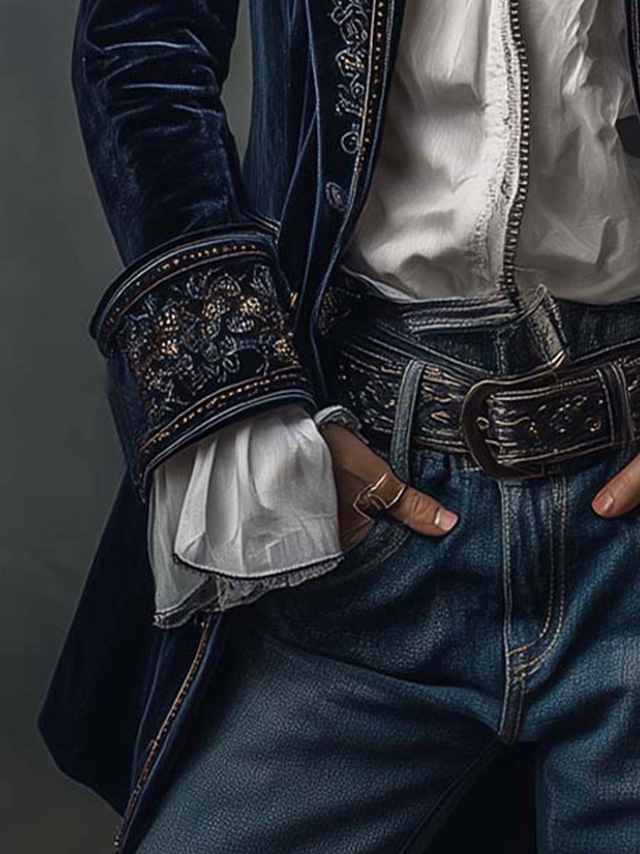 אתנאיס | ז'קט ארוך רקום בסגנון וינטג' כחול נייבי