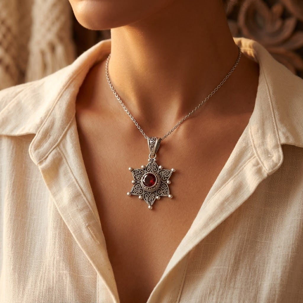 Collier pendentif étoile en argent à rubis