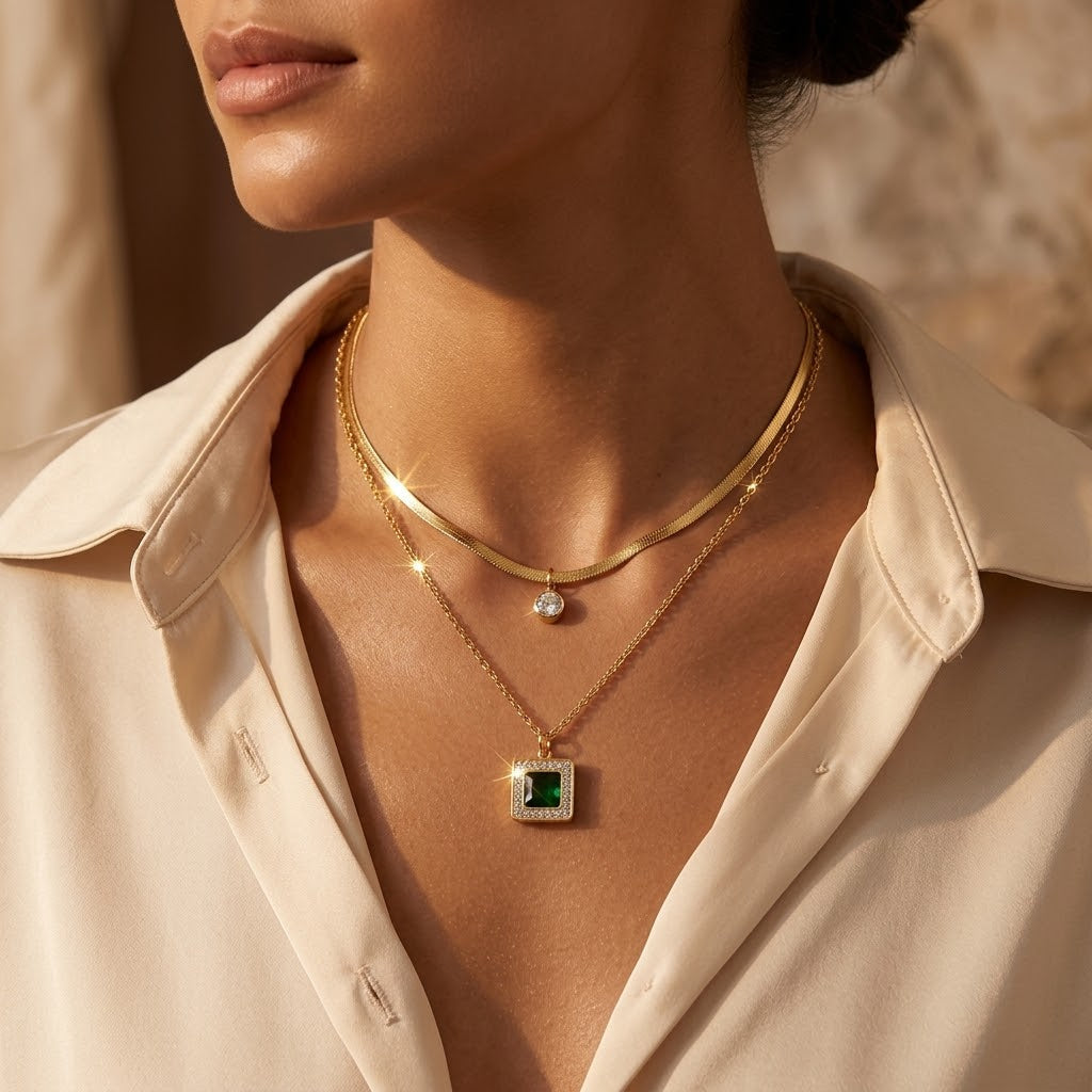Collier multi-rangs en or à émeraude