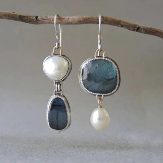 Boucles d'oreilles vintage perle et pierre bleue