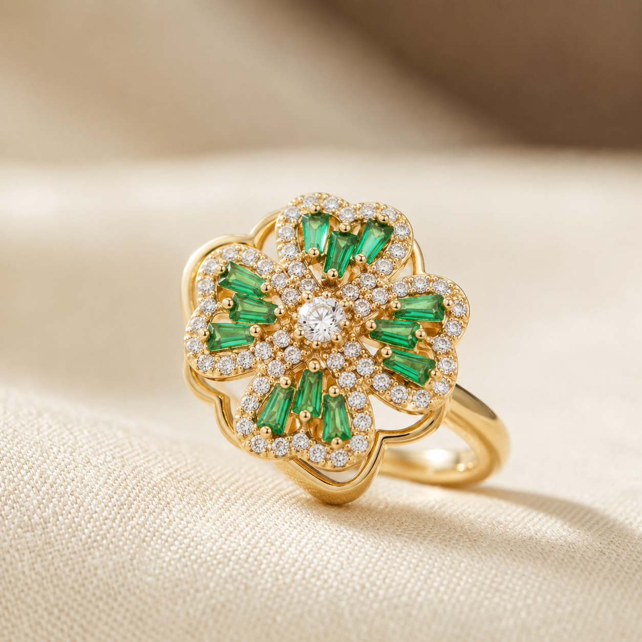 Bague florale en or à émeraude