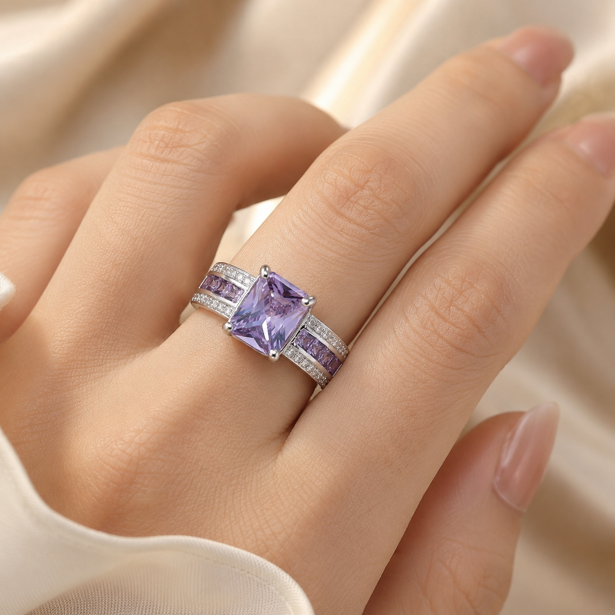 Bague sertie rail en argent à améthyste