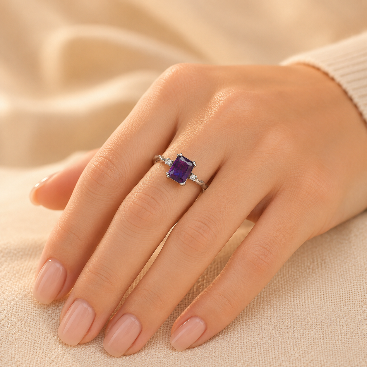 Bague taille émeraude en argent à améthyste