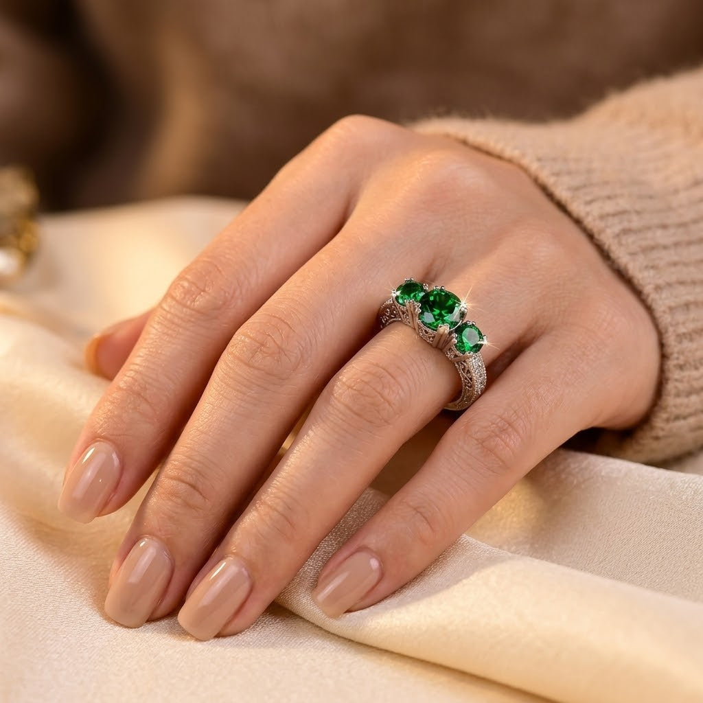 Bague trois pierres en argent à émeraude