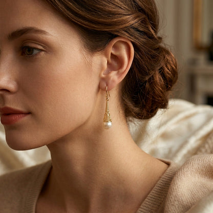 Boucles d'oreilles pendantes filigrane et perle en or
