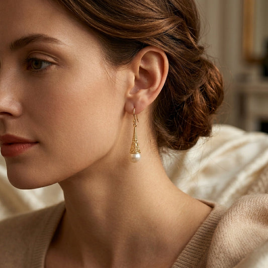 Boucles d'oreilles pendantes filigrane et perle en or