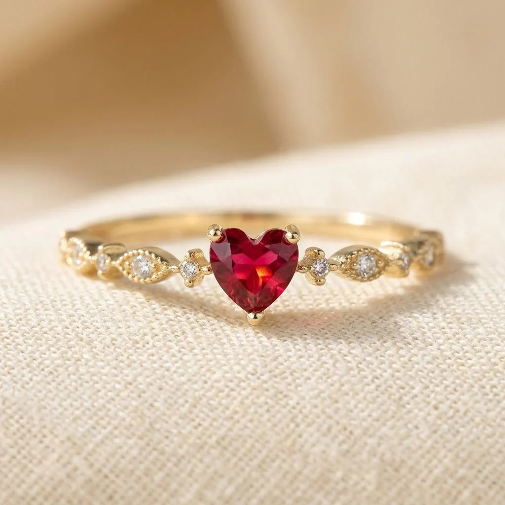 Bague cœur en or à rubis